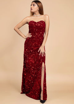 ELEGANT RED OFF-SHOULDER VELVET SEQUIN DRESS