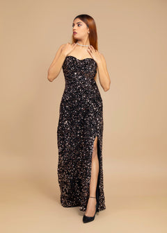 ELEGANT BRONZE OFF-SHOULDER VELVET SEQUIN DRESS