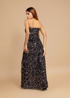 ELEGANT BRONZE OFF-SHOULDER VELVET SEQUIN DRESS