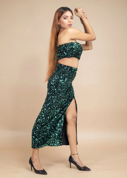 STUNNING BLACK & GREEN VELVET SEQUIN CO-ORD SET