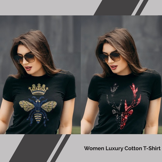 Pack of 2 Women's Luxury Cotton T-Shirts (BUTTERFLY+DEER)