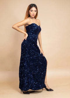 ELEGANT BLUE OFF-SHOULDER VELVET SEQUIN DRESS