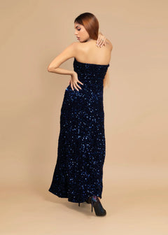 ELEGANT BLUE OFF-SHOULDER VELVET SEQUIN DRESS