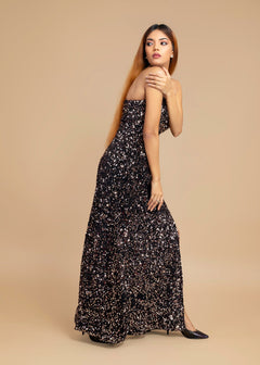 ELEGANT BRONZE OFF-SHOULDER VELVET SEQUIN DRESS