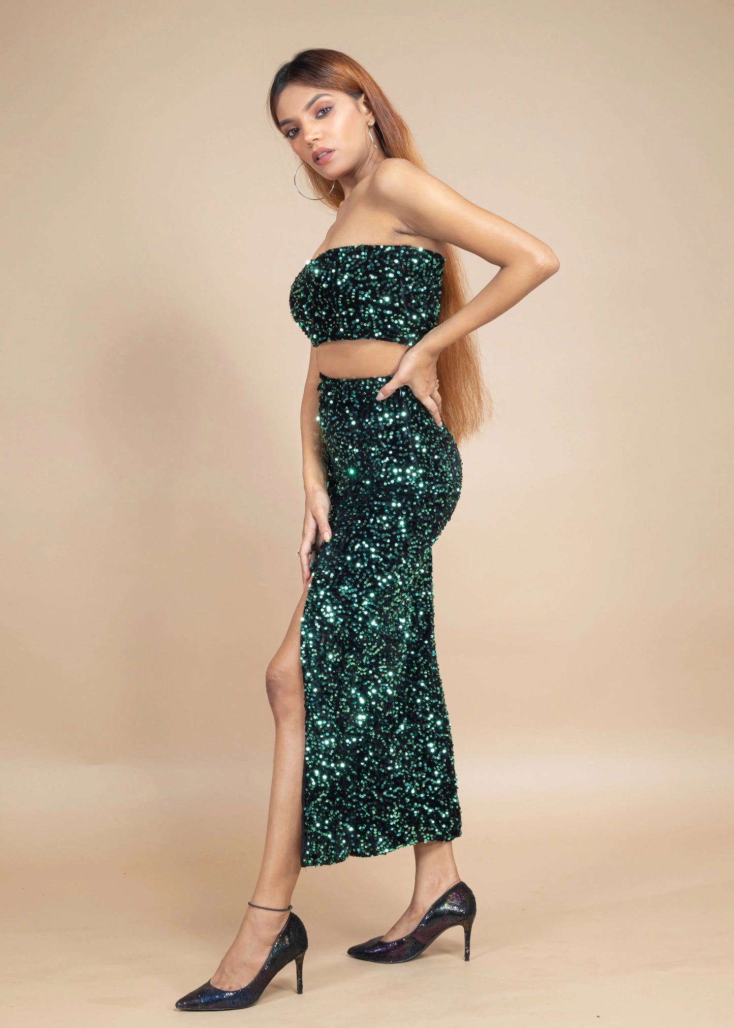 STUNNING BLACK & GREEN VELVET SEQUIN CO-ORD SET