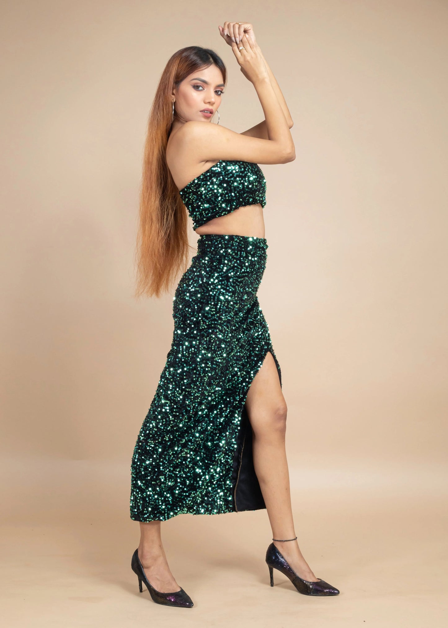 STUNNING BLACK & GREEN VELVET SEQUIN CO-ORD SET