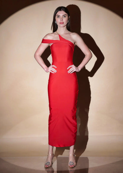 RED DACRON ONE SHOULDER SLIM FIT SLIT ON LONG DRESS