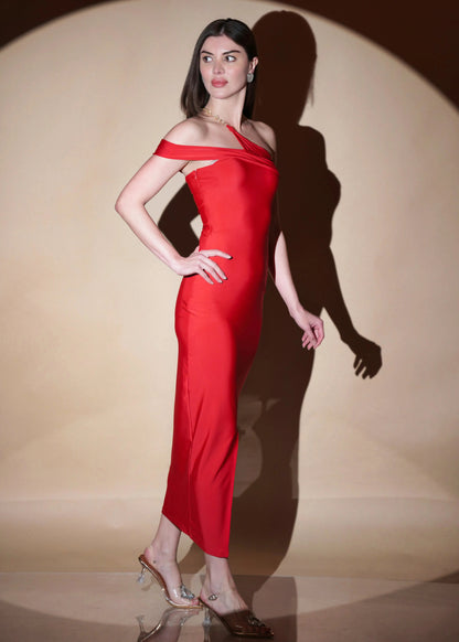 RED DACRON ONE SHOULDER SLIM FIT SLIT ON LONG DRESS