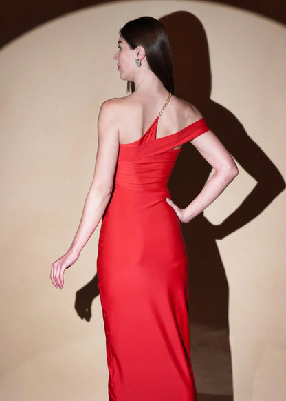 RED DACRON ONE SHOULDER SLIM FIT SLIT ON LONG DRESS