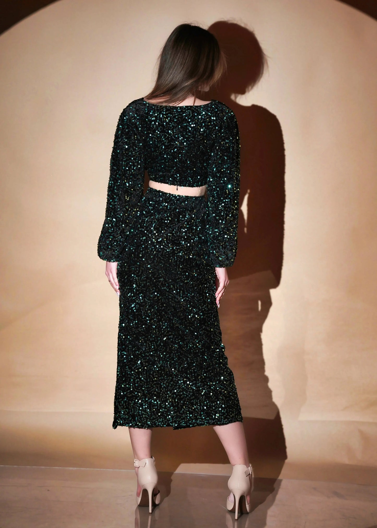 Stunning V Neck Style Green Velvet Sequin Top With Side Slit Skirt