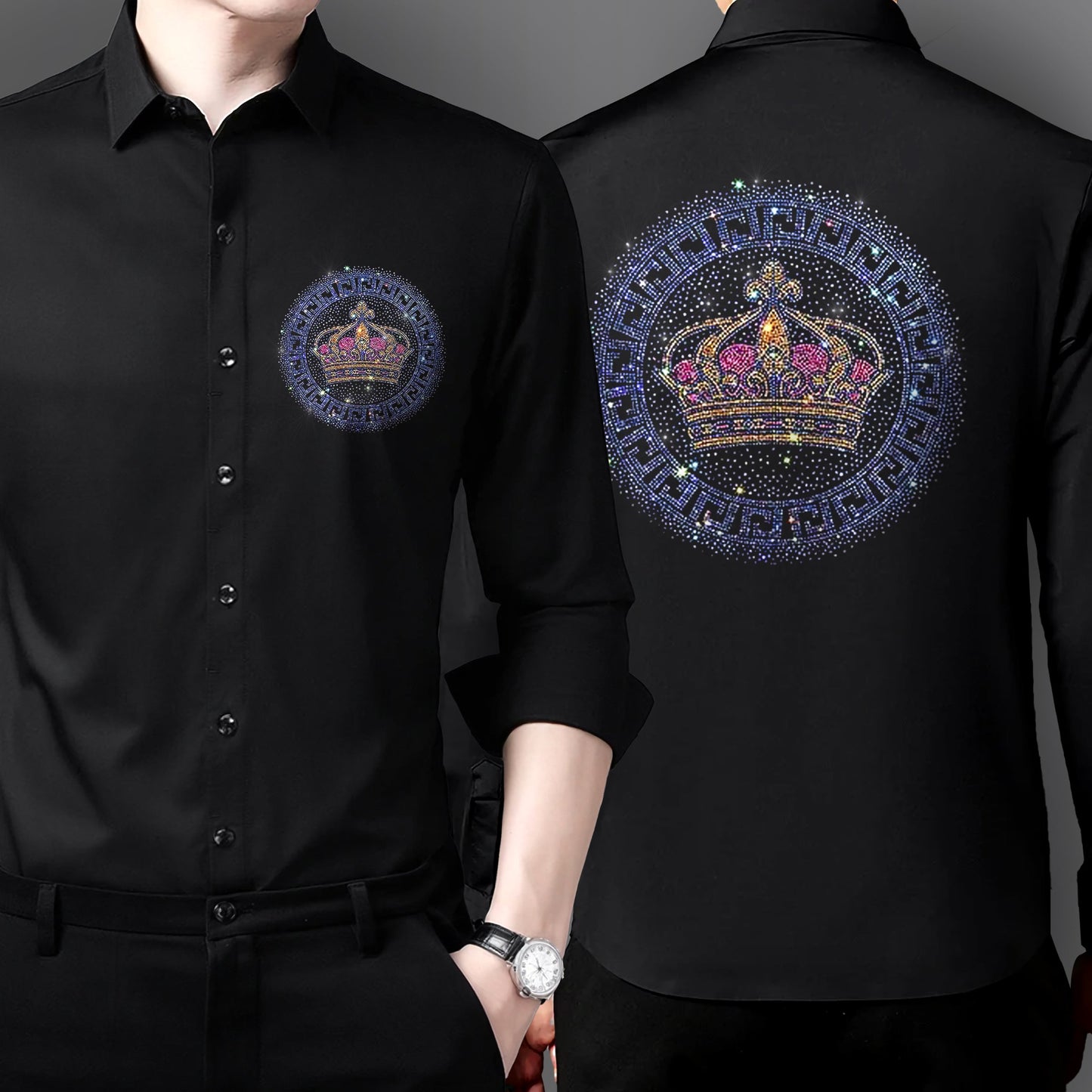 Men's Black Luxury Rhinestone Cotton Shirts