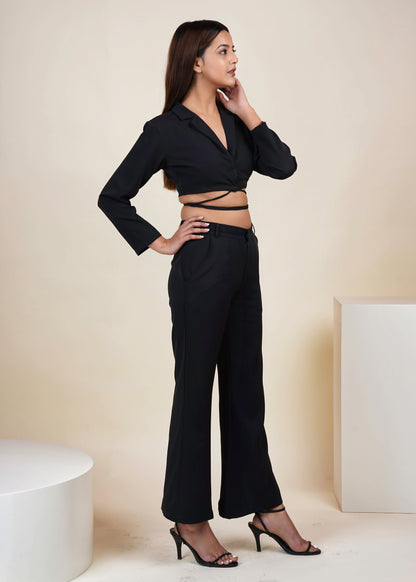 BLACK CROPPED TIE STRING BLAZER CO-ORD SET WITH STRAIGHT PANT