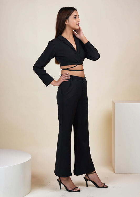 BLACK CROPPED TIE STRING BLAZER CO-ORD SET WITH STRAIGHT PANT
