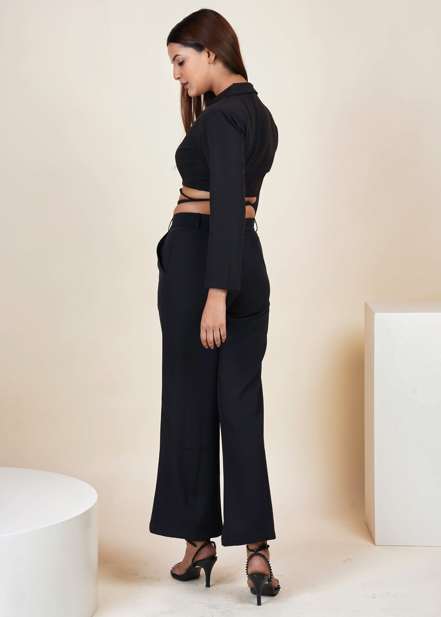 BLACK CROPPED TIE STRING BLAZER CO-ORD SET WITH FLARED PANT