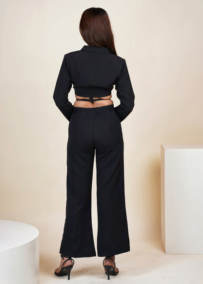 BLACK CROPPED TIE STRING BLAZER CO-ORD SET WITH FLARED PANT