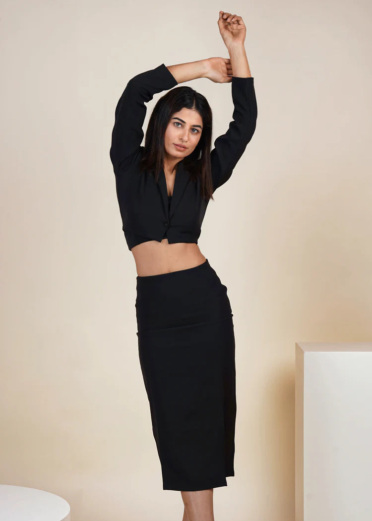 BLACK CROPPED BLAZER WITH LONG SKIRT CO-ORD SET
