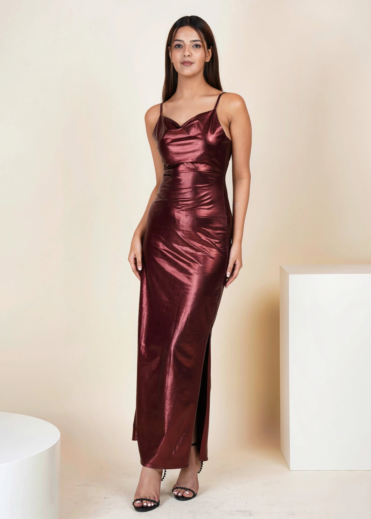 WINE METALLIC SLIT LONG DRESS