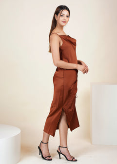 COPPER SATIN SWAY SIDE RUCHED DRESS