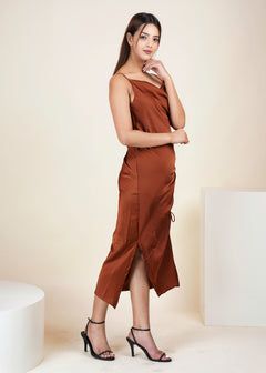 COPPER SATIN SWAY SIDE RUCHED DRESS