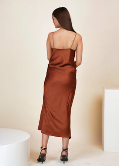 COPPER SATIN SWAY SIDE RUCHED DRESS