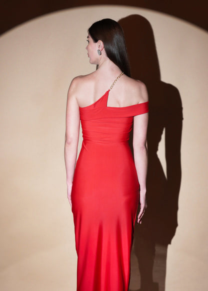 RED DACRON ONE SHOULDER SLIM FIT SLIT ON LONG DRESS