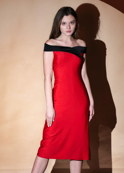 Red Dacron Zest Glamour Off Shoulder Slim Fit Midi Dress