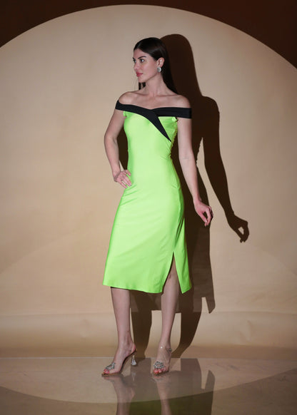 Neon Dacron Zest Glamour Off Shoulder Slim Fit Midi Dress