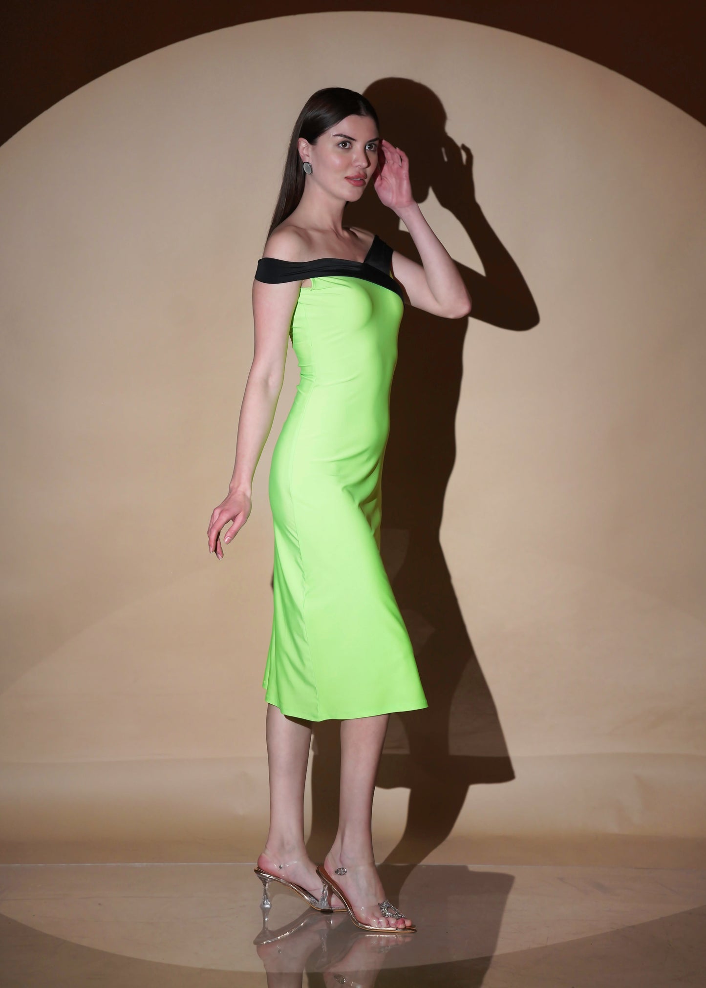 Neon Dacron Zest Glamour Off Shoulder Slim Fit Midi Dress