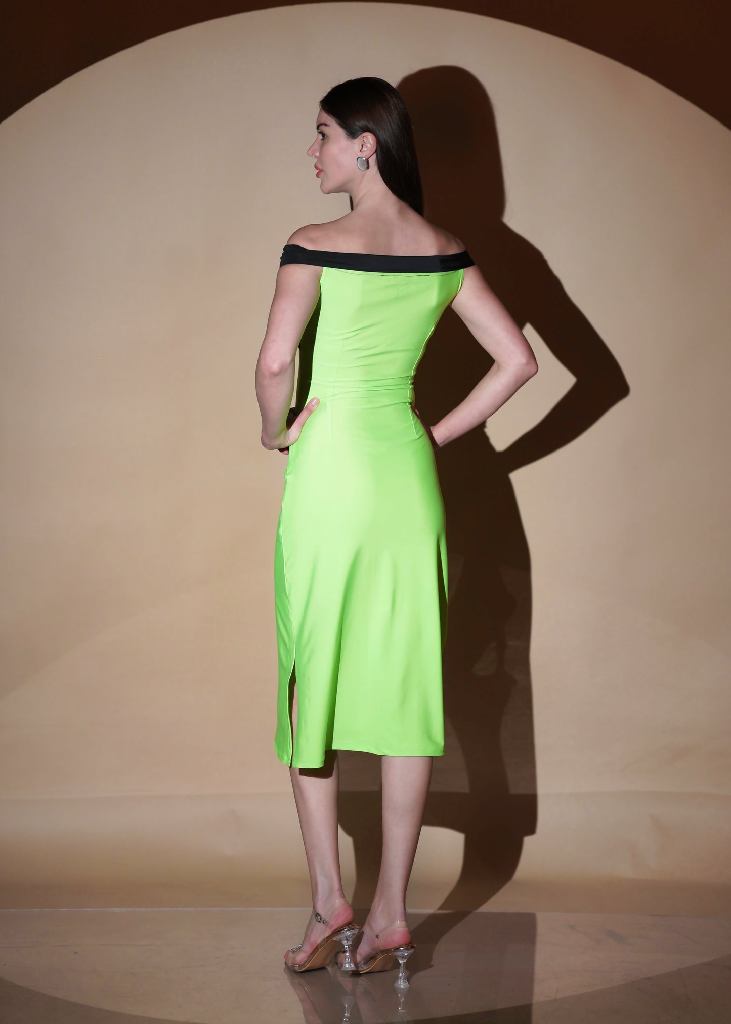 Neon Dacron Zest Glamour Off Shoulder Slim Fit Midi Dress