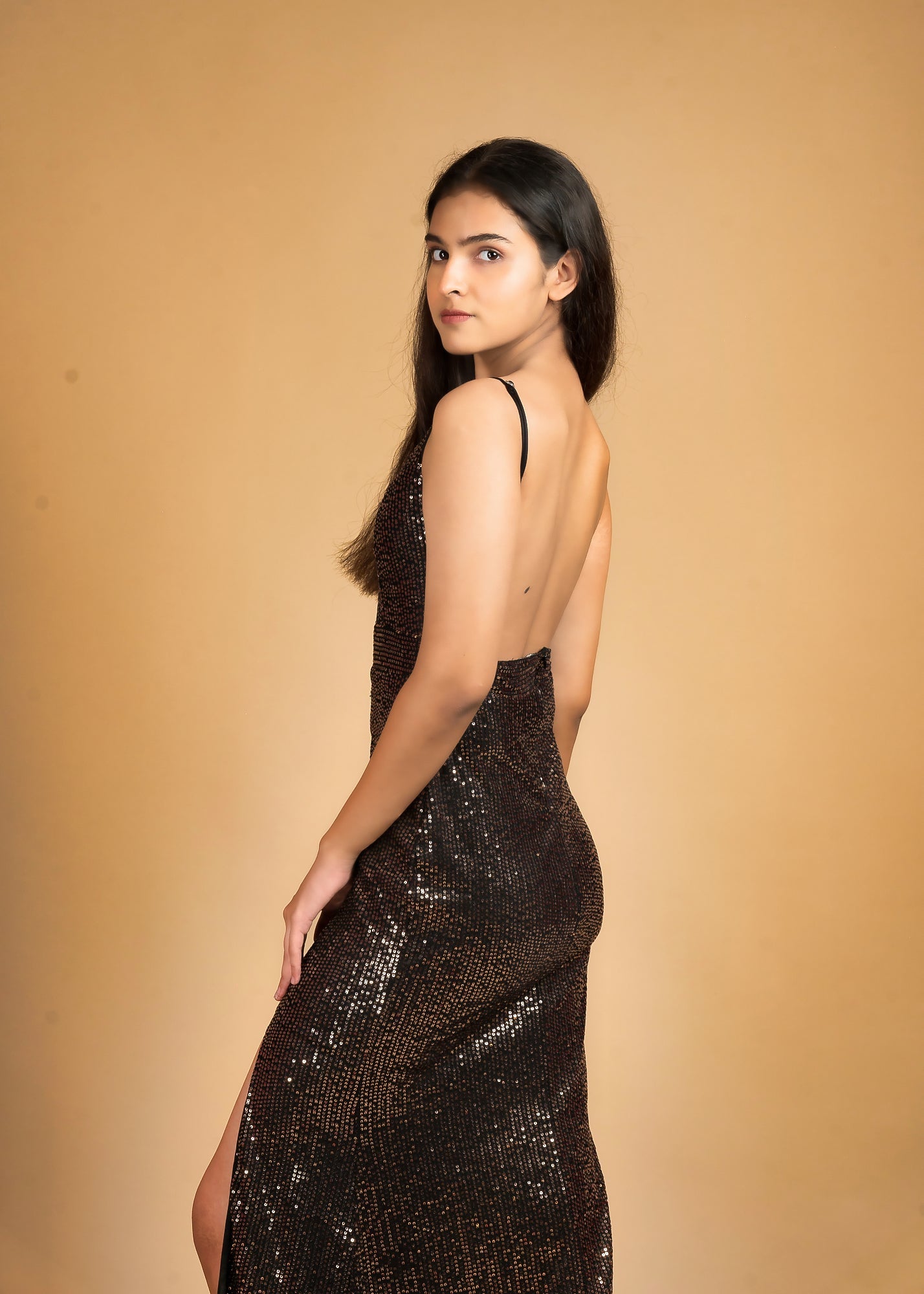 SLEEK SENSATION BLACK & COPPER SEQUIN SLIP DRESS