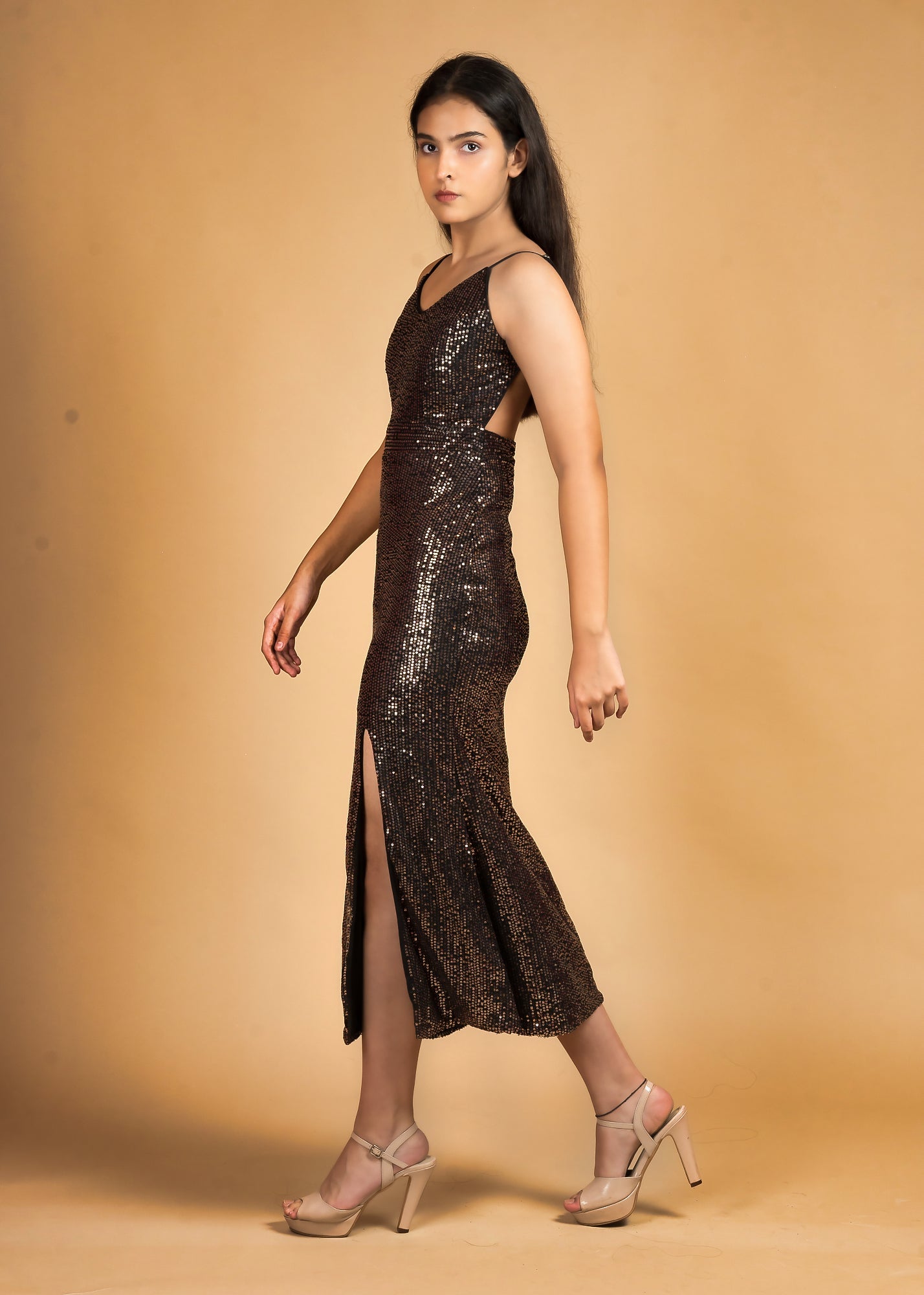 SLEEK SENSATION BLACK & COPPER SEQUIN SLIP DRESS