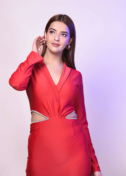 RED DACRON HOT CUT OUT WAIST DRESS