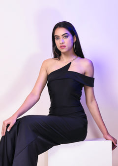 BLACK DACRON ONE SHOULDER SLIM FIT SLIT ON LONG DRESS