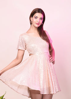 DAZZLE PEACH SEQUIN SIDE CUT OUT DRESS