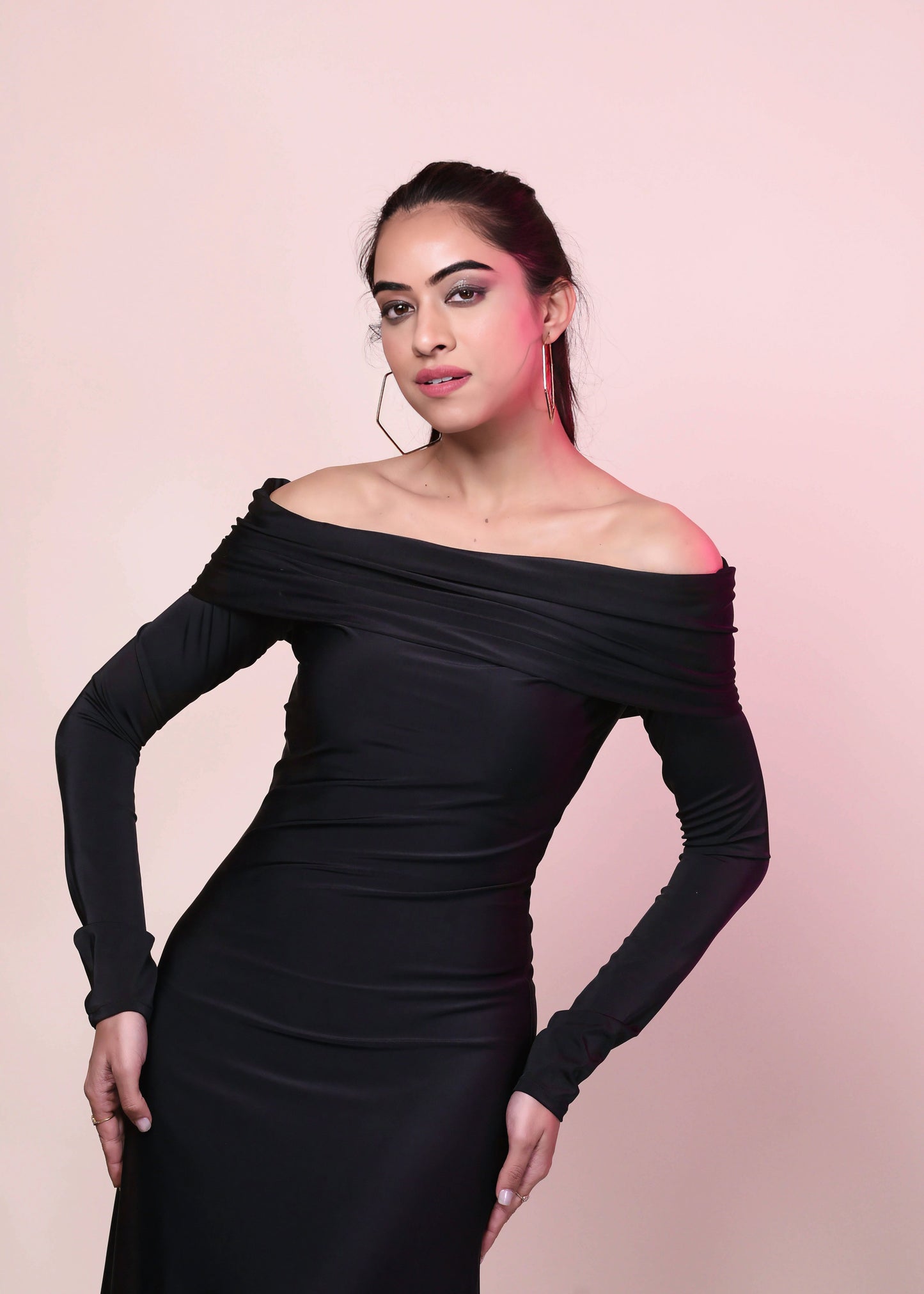 CLASSIC BLACK DACRON OVERFOLD OFF SHOULDER LONG GOWN DRESS