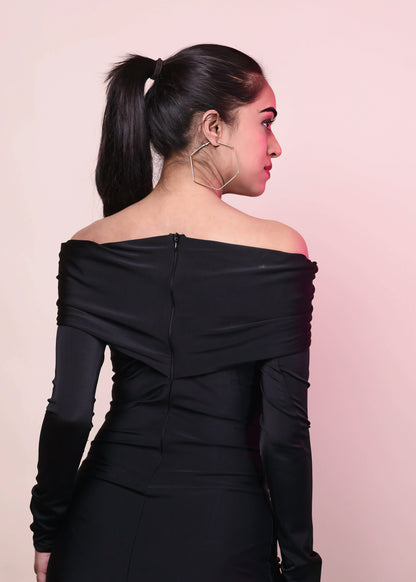 CLASSIC BLACK DACRON OVERFOLD OFF SHOULDER LONG GOWN DRESS