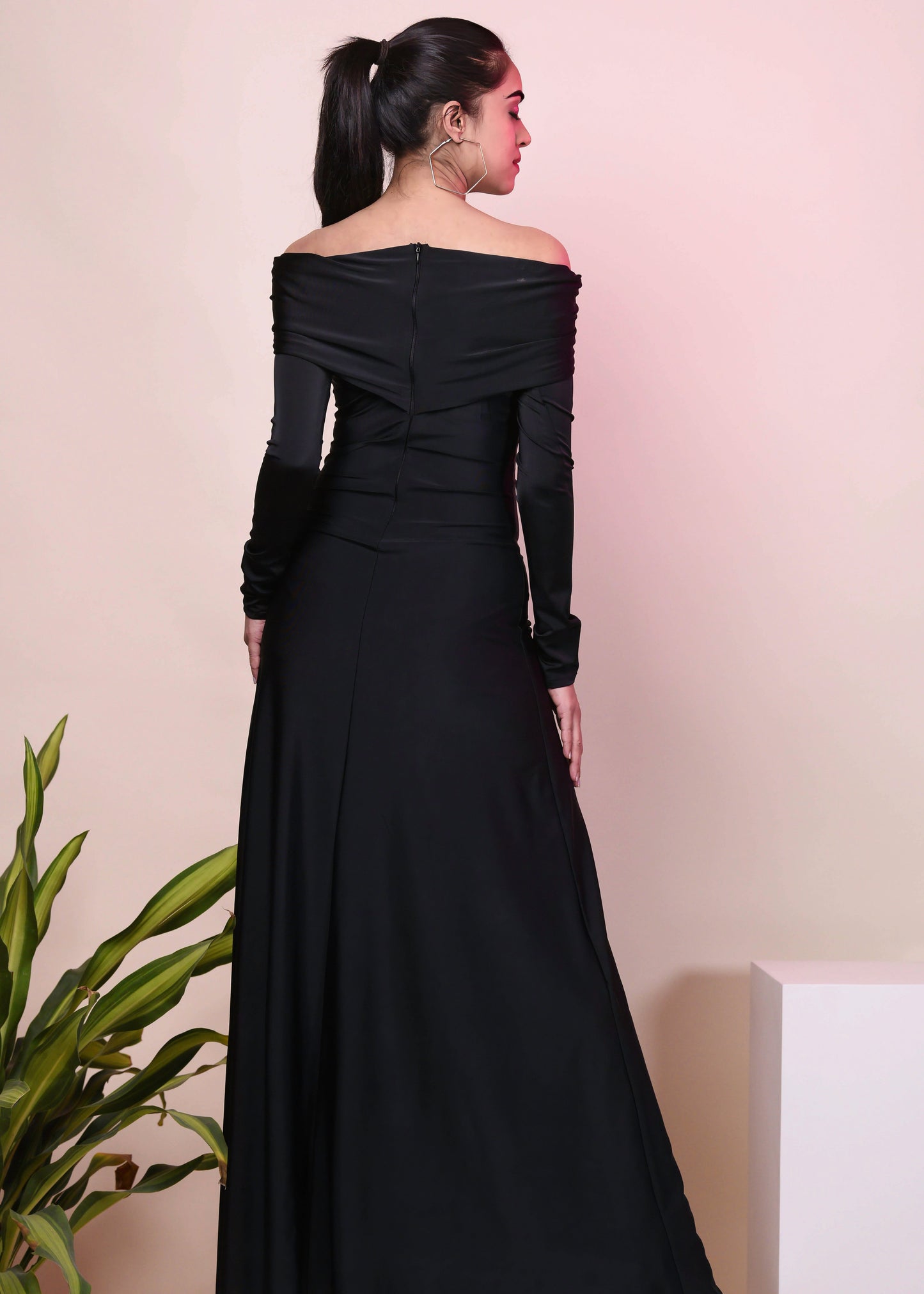 CLASSIC BLACK DACRON OVERFOLD OFF SHOULDER LONG GOWN DRESS