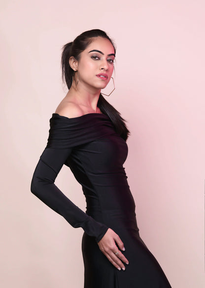 CLASSIC BLACK DACRON OVERFOLD OFF SHOULDER LONG GOWN DRESS