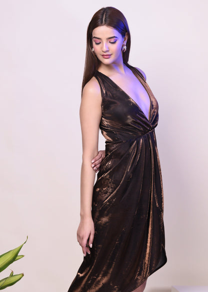 BROWN METALLIC DRAPED V NECK DRESS