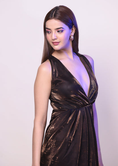 BROWN METALLIC DRAPED V NECK DRESS