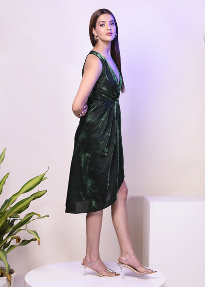 GREEN METALLIC DRAPED V NECK DRESS