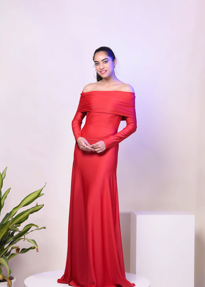 CLASSIC RED DACRON OVERFOLD OFF SHOULDER LONG GOWN DRESS