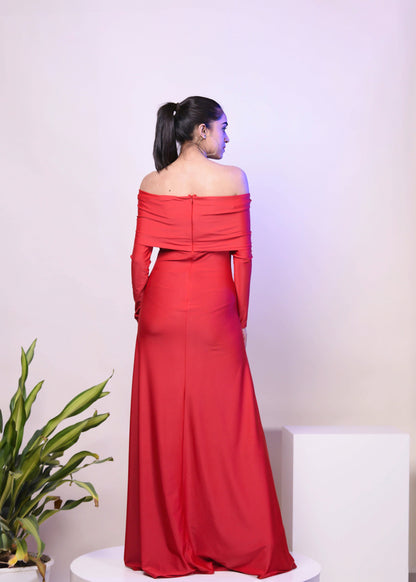 CLASSIC RED DACRON OVERFOLD OFF SHOULDER LONG GOWN DRESS