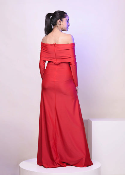 CLASSIC RED DACRON OVERFOLD OFF SHOULDER LONG GOWN DRESS