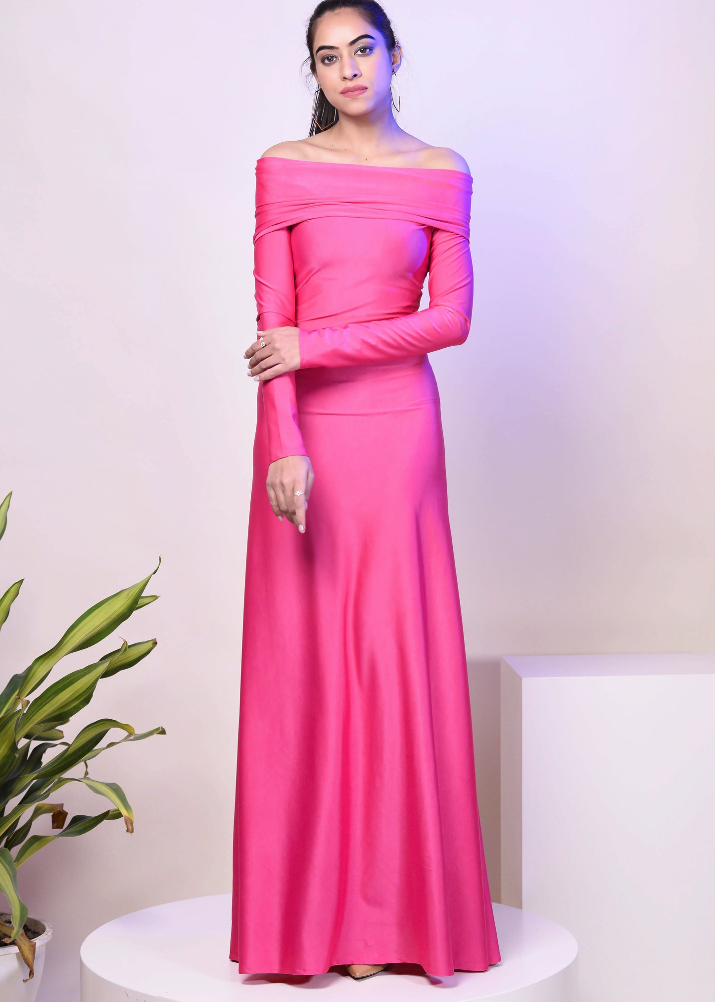 CLASSIC PINK DACRON OVERFOLD OFF SHOULDER LONG GOWN DRESS