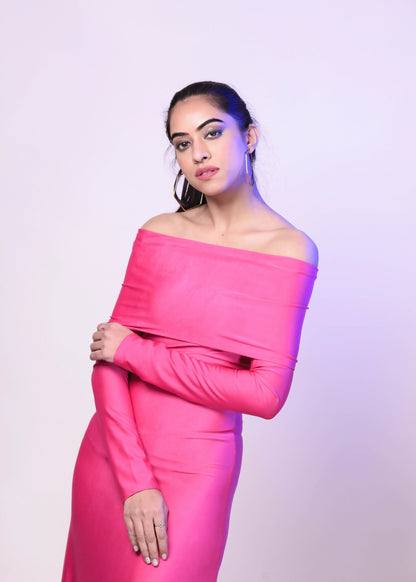 CLASSIC PINK DACRON OVERFOLD OFF SHOULDER LONG GOWN DRESS