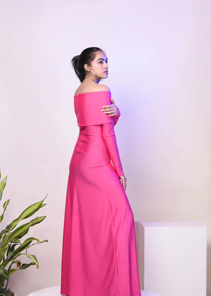 CLASSIC PINK DACRON OVERFOLD OFF SHOULDER LONG GOWN DRESS