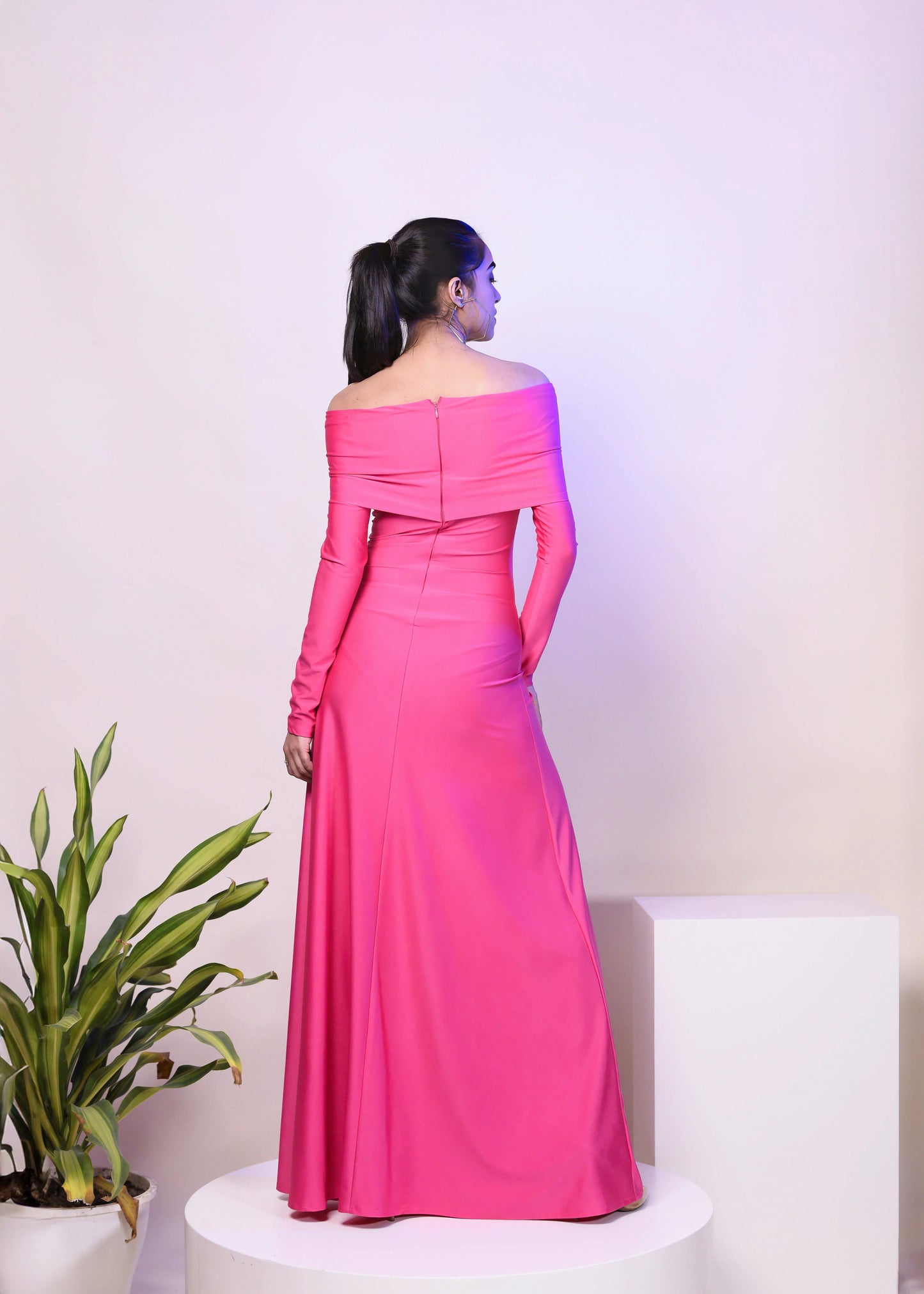 CLASSIC PINK DACRON OVERFOLD OFF SHOULDER LONG GOWN DRESS