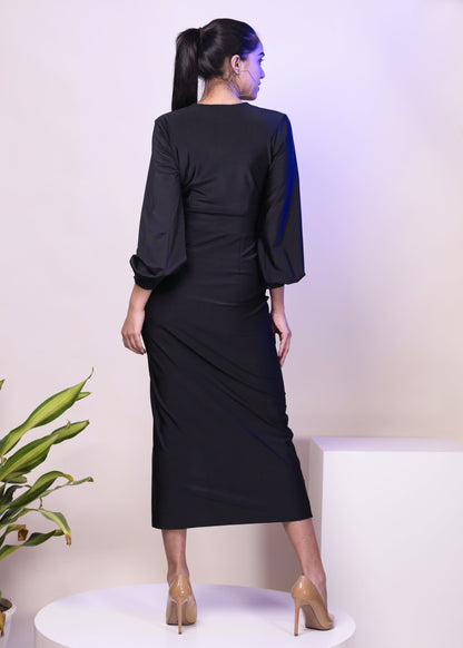 BLACK DACRON ELEGANT LONG SLEEVE SIMPLE CHIC DRESS