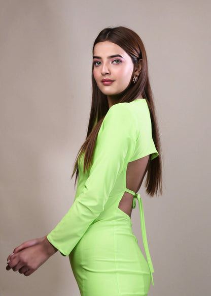 NEON GREEN DACRON BACKLESS WITH TIE UP STRING BODYCON DRESS